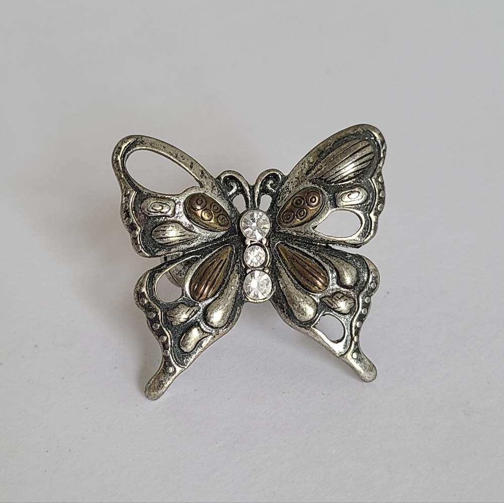 Vintage Dark Silver Tone Pewter Boho Chunky Openwork Rhinestone Butterfly Ring - Picture 4 of 15